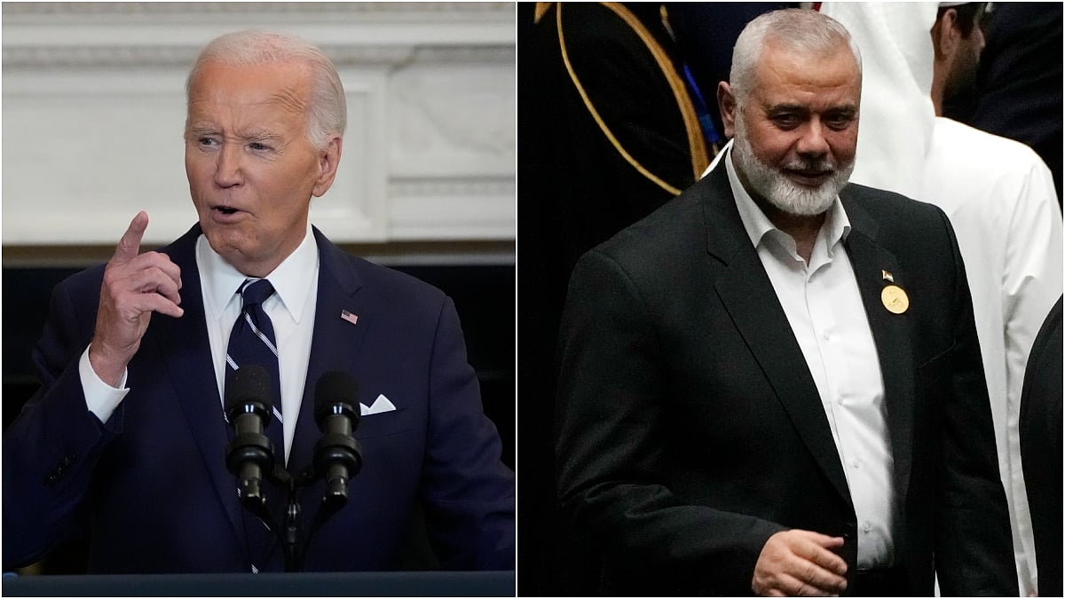 L: US President Joe Biden | R: Slain Hamas leader Ismail Haniyeh |  - AP
